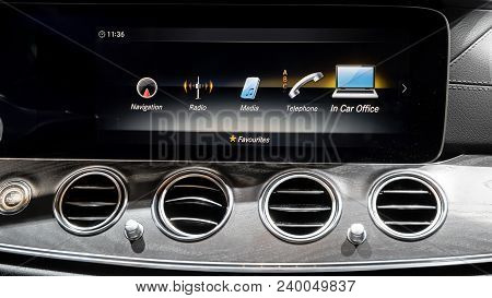 Geneva, Switzerland - March 7, 2018: Interior Dashboard View Of The New Mercedes Benz E300 Diesel Hy