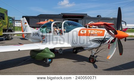Berlin, Germany - Apr 27, 2018: Grob G 120tp Trainer Aircraft On Display At The Berlin Ila Air Show.