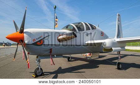 Berlin, Germany - Apr 27, 2018: Grob G 520t High-altitude And Reconnaissance Aircraft On Display At 