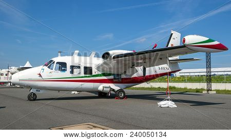 Berlin, Germany - Apr 27, 2018: Italian Piaggio P.166c Twin Engines Pusher Propellers Aircraft On Di