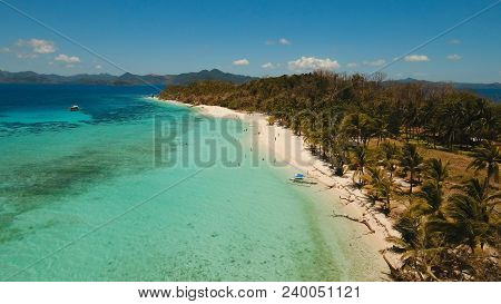 Aerial View Of Tropical Beach On The Island Malcapuya, Palawan, Philippines. Beautiful Tropical Isla