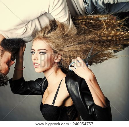 Portrait Closeup Couple Of Long-haired Young Sensual Woman Looking In Camera Touching Beard Of Man W