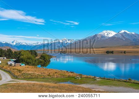 Lake Clearwater In New Zealand Sparkles In The Morning Sun