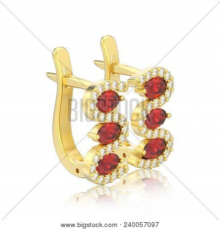 3d Illustration Isolated Gold Diamond Red Ruby Earrings With Hinged Lock With Reflection On A White 