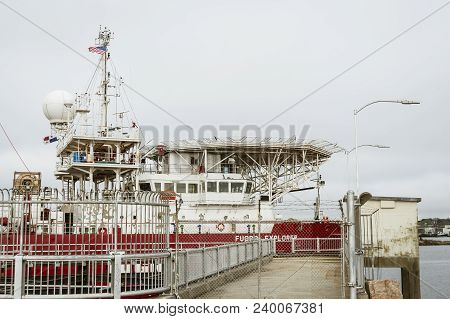 New Bedford, Massachusetts, Usa - May 10, 2018: Bridge And Helicopter Landing Pad Of Drilling Vessel