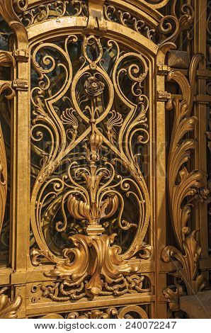 Paris, France - July 11, 2017. Close-up Of The Far-fetched Golden Gate Decoration At The Petit Palai