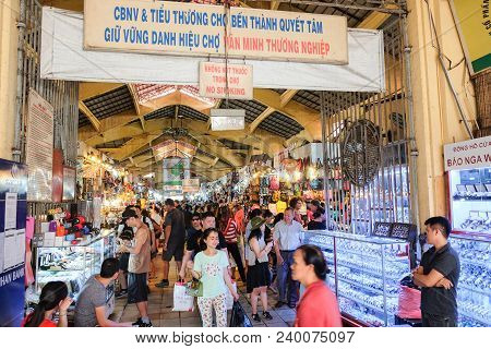 Ho Chi Minh City, Vietnam - April 29, 2018 :  People Are Shopping At Ben Thanh Market