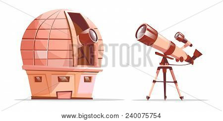 Vector Cartoon Astronomy Discovery Equipment Set. Observatory Dome With Radio Telescope And Telescop
