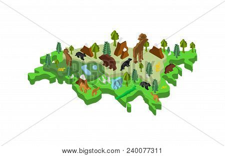 Eurasia Isometric Map Animal And Plants. Flora And Fauna On Mainland. Vector