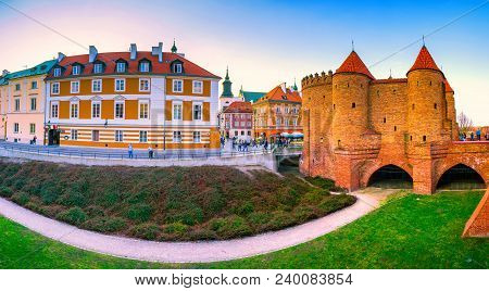 Barbakan Castle, Famous Landmark At The Old Town Of Warsaw, Poland.