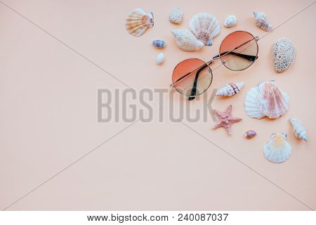 Summer Fashion Flatlay With Gradient Round Sunglasses. Decorated With Sea Shells And Starfish. Perfe