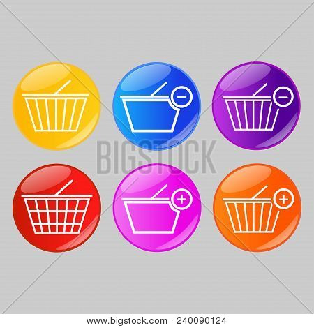 Set Of Glossy Shopping Basket Buttons Or Badges On Gray Background. Product Promotions. Shopping Bas