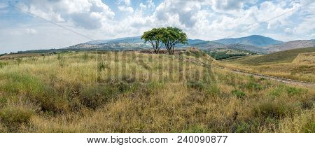 Panoramic Landscape Of Countryside And The Galilee Mountains In The Hula Valley, View From Tel Hazor
