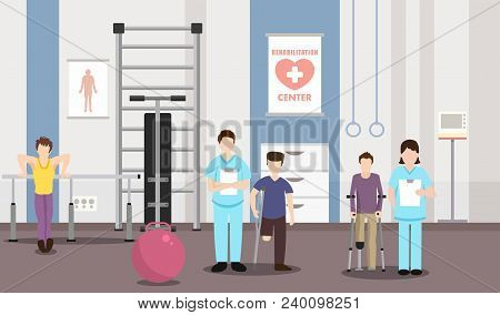 Rehabilitation Of Teenagers. Vector Image. Help Young People With Disabilities.