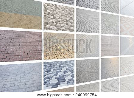 A Collage Of Many Pictures With Fragments Of Paving Tiles Close-up. Set Of Images With Pavement Ston