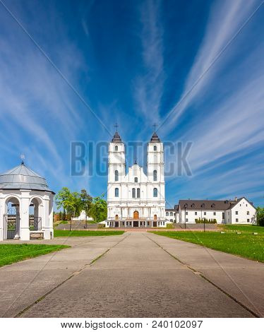Beautiful White Chatolic Church In Latvia ,aglona, Nice Blue Sky And White Clouds