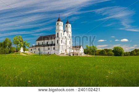 Beautiful White Chatolic Church In Latvia ,aglona, Nice Blue Sky And White Clouds