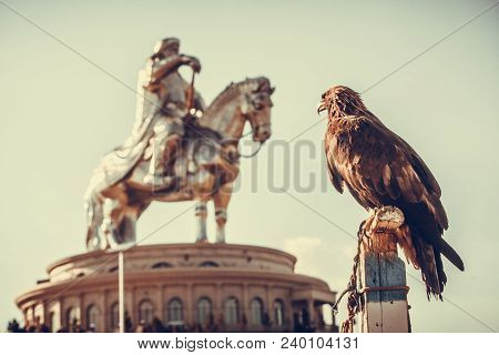 Vulture And Genghis Khan Monument At Zonjin Boldog Mongolia.