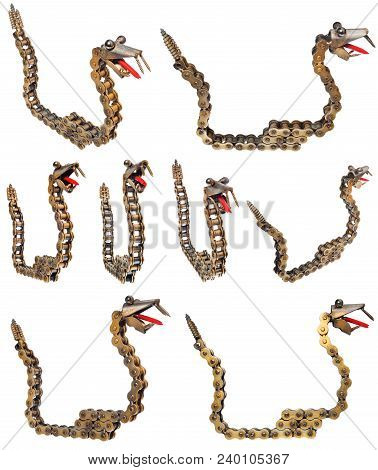 Handmade Metal Decorative Snake. Reptile Made Of Motorcycle Parts Chain, Bearings, Screws.