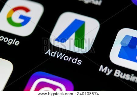 Sankt-petersburg, Russia, May 10, 2018: Google Adwords Application Icon On Apple Iphone X Screen Clo
