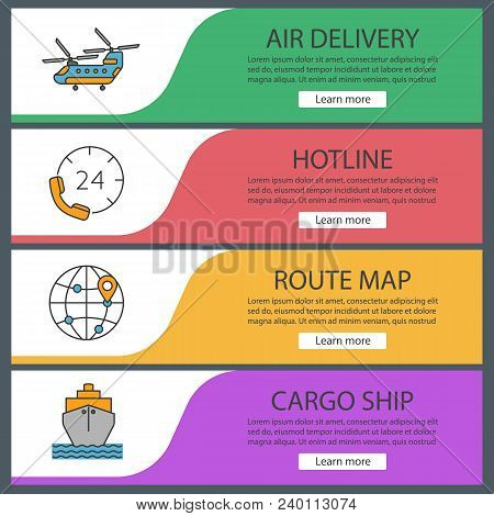 Cargo Shipping Web Banner Templates Set. Delivery Service. Military Helicopter, Hotline, Route Map, 