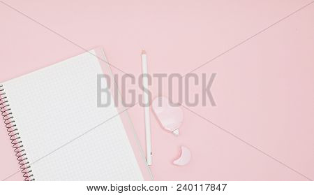 Notebook, White Sheet, Pencil, Proofreader Pink Background Instagram Concept