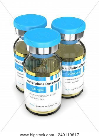 3d Render Of Nandrolone Decanoate Vials Over White Background. Anabolic Steroids Concept.