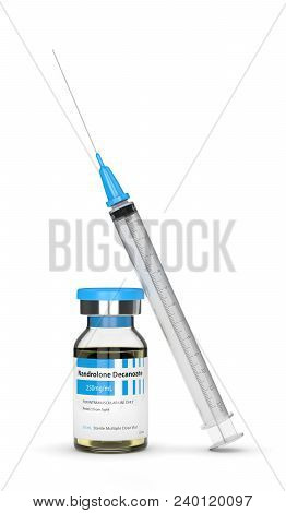 3d Render Of Nandrolone Decanoate Vial With Syringe Over White Background. Anabolic Steroids Concept