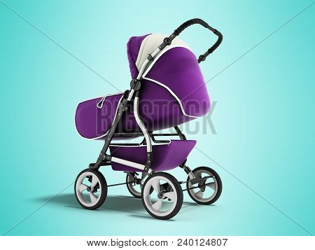 Modern Baby Carriage With Dome Against Rain And Wind Violet With White Insets 3d Render On Blue Back