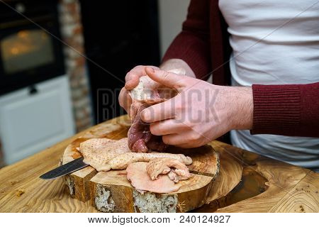Female Hands Cook Raw Duck Close