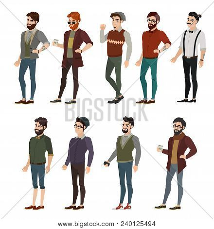 Fashion Boy In Different Hipster Images. In A Cap With A Longboard, There Are Braces And Coffee In T
