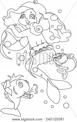 Little Mermaid Is Playing Ball With Fish, Unsportsmanlike Conduct. Cartoon Characters, Isolated, Fan