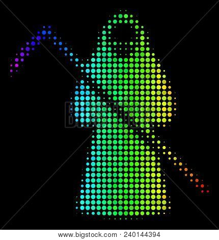 Pixelated Bright Halftone Death Scytheman Icon Drawn With Rainbow Color Hues With Horizontal Gradien