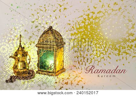 Ramadan Kareem Greeting Card With Unique Lantern, Arabic Coffee Pot And Rosary Beads