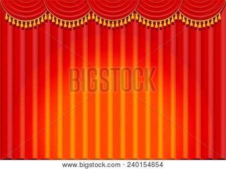 Lambrequin, Pelmet For The Red Curtains Of A Theatrical Scene In A Concert Hall, Opera Or Ballet. Fl