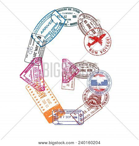 Letter G Made Of International Passport Stamps On A White Background. Isolated.