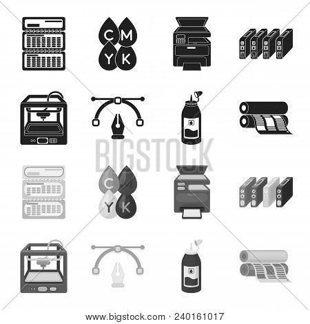 3d Printer, Newspaper Printer, Ink, Pen. Typography Set Collection Icons In Black, Monochrome Style 