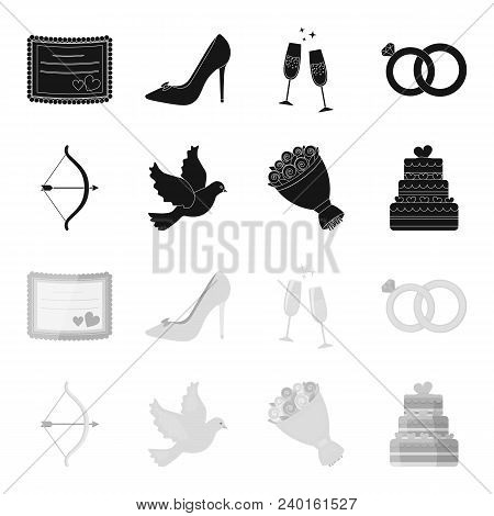 Arrow Cupid, Dove, Bouquet Of Flowers, Wedding Cake. Weddin Gset Collection Icons In Black, Monochro