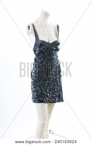 Black Mini Dress On Headless Mannequin Cloth Display Dressmaker Doll Figurine. Fashion Designer Clot