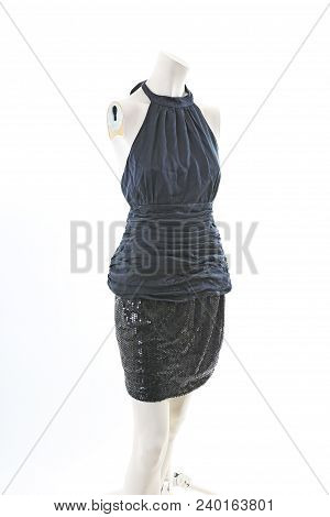 Black Mini Dress On Headless Mannequin Cloth Display Dressmaker Doll Figurine. Fashion Designer Clot