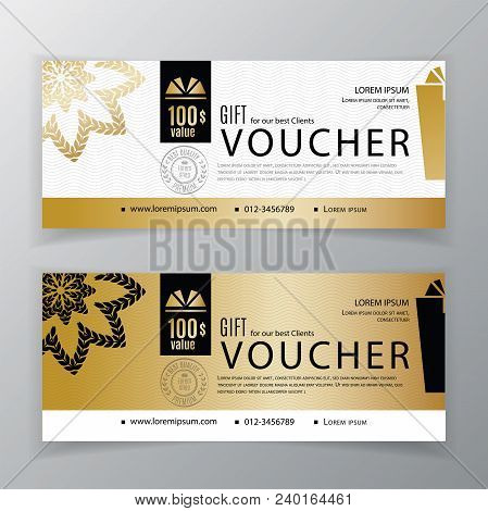 Gift Voucher Template. Universal Flyer For Business. Clean Vector Design, Black Gold Design Elements