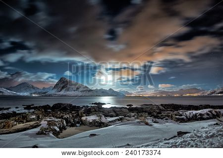 Full Moon Above Mt,kartstaven, In Lofoten Islands