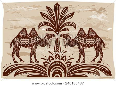 Stylized Figures Of Decorative Camels With Ethnic Motifs