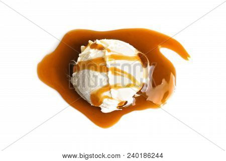 Tasty Ice Cream Ball With Caramel Sauce On White Background