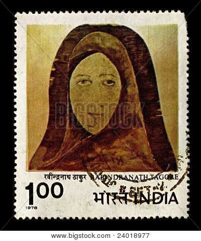 Indien-CIRCA 1978:A stempel trykt i Indien viser billede af Rabindranath Tagore 