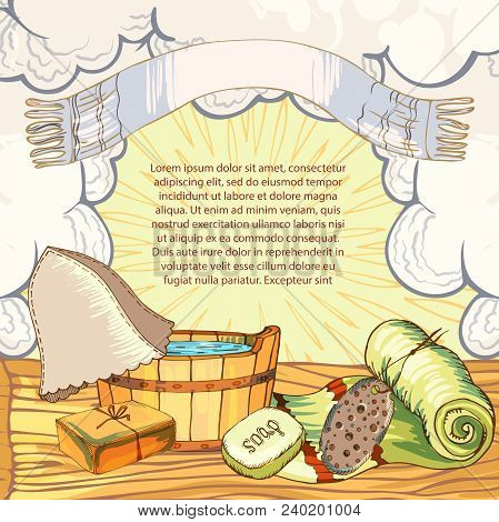 The Concept Of Beauty And Health, Sauna Services. Stylized Frame Border Of A Couple Of Clubs. Indivi