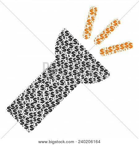 Electric Torch Light Collage Of Dollar Symbols And Round Dots. Vector Money Pictograms Are Arranged 