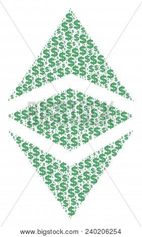 Ethereum Classic Composition Of Dollars And Spheric Spots. Vector Banking Symbols Are Grouped Into E