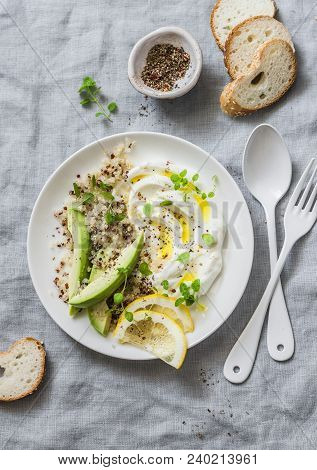 Greek Yogurt, Avocado, Quinoa, Zaatar Spice Snack Bowl On Grey Background, Top View. Healthy Diet Fo