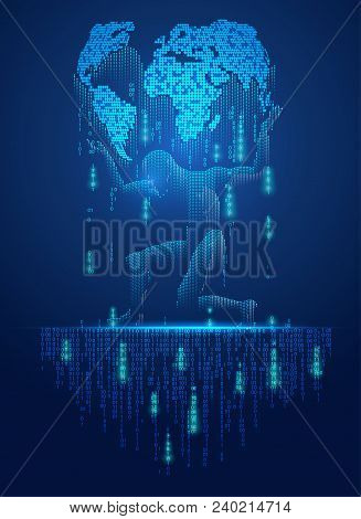 Graphic Of A Man Carrying Digital Technology Globe With Binary Code
